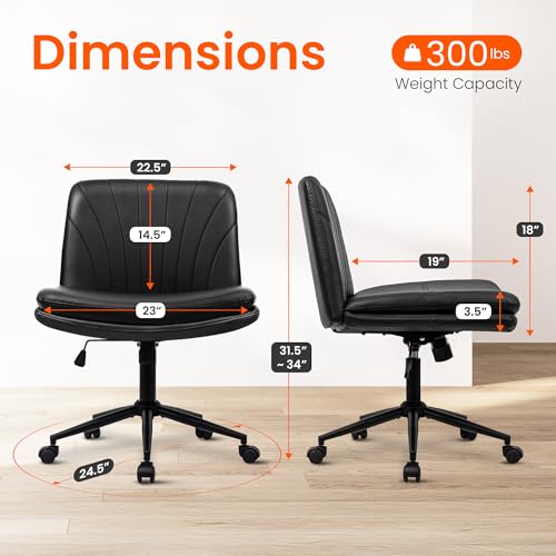 Orange Factory Criss Cross Chair with Wheels Comfy Wide Vanity Desk Chair Dual Base Leather Armless Adjustable Swivel for Home Computer Task (Black) Orange Factory