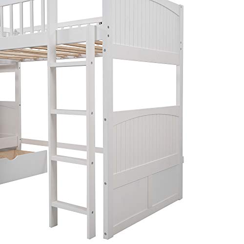Merax L Shaped Bunk Beds for 3, Triple Bunk Bed with Ladders and 2 Storage Drawers, Twin Over Twin Bunk Bed with Twin Size Loft Bed Attached, Wooden Bunk Bed Frame for Kids Teens Adults,White Merax