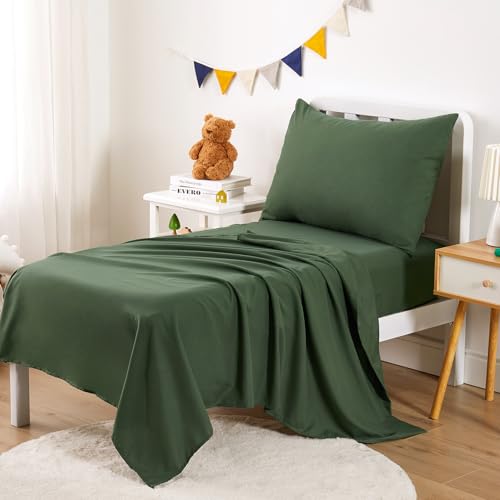 Wake In Cloud - Toddler Bedding Set for Boys Girls, 4 Pieces Soft Crib Bed Set Including Comforter, Sheets and Pillowcase, Olive Green Wake In Cloud