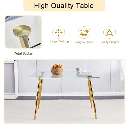 HAIZAO 5 Pieces Modern Gold Dining Table Set, 51'' Small Luxury Rectangle Kitchen Table Set, 4 Person Clear Glass Top Minimalist Dinner Table Set, Pink Woven Chair, for Home Apartment Office HAIZAO