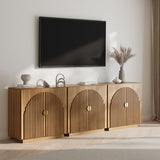 BELLEZE Set of 3 Modular Fluted Sideboard Buffet Cabinet with Storage, Mid-Century Modern Console Table with Symmetrical Arched Doors, Credenza for Dining Room, Kitchen and Living Room, Caramel Brown BELLEZE