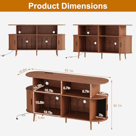 LMSXG-MZ 55.1" Fluted Record Player Stand with USB & App Control LED Lights, Mid-Century Modern Vinyl Storage Cabinet, Holds 300+ Records, Turntable Stand for Living Room(Walnut, 55.1") LMSXG-MZ