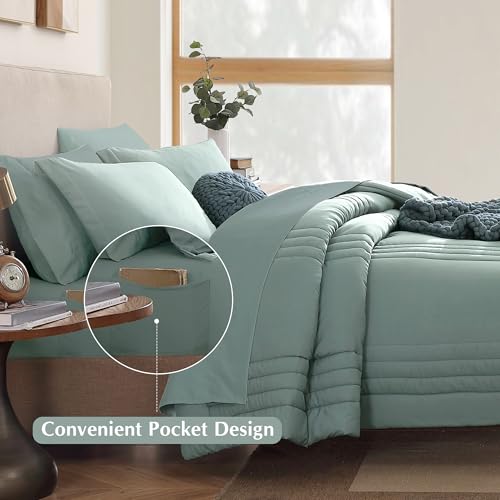 Monbix Queen Comforter Set - 7 Pieces Sage Green Bed in a Bag Queen Bedding Sets with Comforters, All Seasons Comforter Bed Set with Sheets,Pillowcases & Shams Monbix