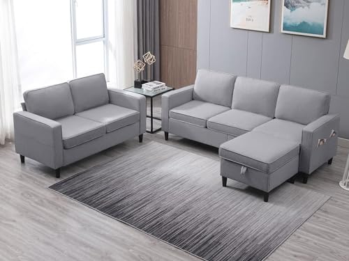 ijuicy 2PCS Sectional Sofa Set,3 Seat Couch & Loveseat Sofa with Side Pockets & Movable Storage Ottoman, Modern Convertible Upholstered Couches for Living Room,Office (3+2Seat/Light Grey) - WoodArtSupply