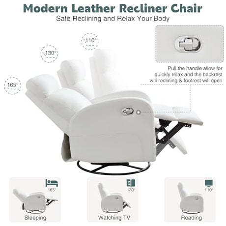 HOMYKA Swivel Rocker Recliner Chair, Manual Faux Leather Recliner, Glider Rocking Recliners 360°Swivel Nursery Reclining Chairs with Adjustable Headrest Highback for Living Room, White HOMYKA