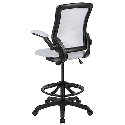 Flash Furniture Kale Mid-Back White Mesh Ergonomic Drafting Chair | Adjustable Foot Ring, Flip-Up Arms