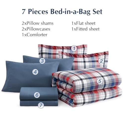 MaiRêve Full Size Plaid Comforter Set Navy Red, Classic 7 Pieces Farmhouse Bedding Set, All Season Lightweight Bed in A Bag with Sheets, Pillowcases & Shams MaiRêve