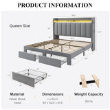 SHA CERLIN Velvet Queen Bed Frame with Vertical Channel Tufted Wingback Headboard & 2 Storage Drawers/2-Tier Shelves with LED Lights & Charging Station/Noise-Free/No Box Spring Needed/Light Grey SHA CERLIN