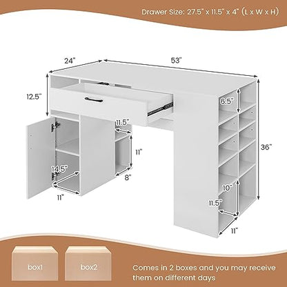 COSTWAY 36” Counter Height Sewing Table, 53 Inch Artwork Craft Table with 14 Open Compartments, 3-Position Adjustable Shelf, 1 Drawer & Cabinet, Project Center Desk Drafting Sewing Workstatio - WoodArtSupply