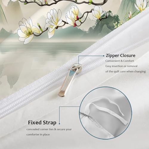 OLLIAR Home Magnolia Duvet Cover Chinese Landscape Ink Painting Green White Bedding Mountain Botanical Flowers Comforter Cover with 2 Pillowcases Super King Size OLLIAR Home