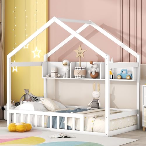 Bellemave Twin Size Montessori House Bed with Fence Railings and Storage Shelves in White - WoodArtSupply