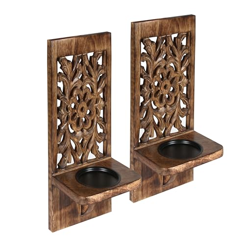 Wall Mounte Candle Sconces Set of 2, Decorative Wooden Candle Holder, Hand Carved Farmhouse Candle Sconce, Perfect for Living Room Bedroom Bedroom Kitchen Wall Decoration - 16 Inch - Burnt An - WoodArtSupply