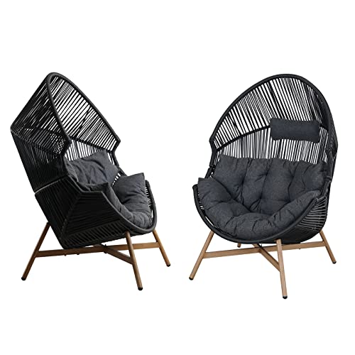 Grand patio Outdoor & Indoor Egg Chair 2PC, PE Wicker Open Weave Wood Grain Finish Oversized Egg Cocoon Chairs with Stand Lounge Chair Comfortable for Front Porch, Living Room, Bedroom (Dark Grey 2PC) Grand patio
