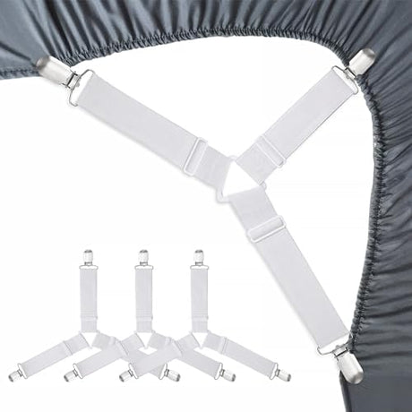 Bed Sheet Fasteners, Adjustable Mattress Suspenders, Mattress Cover Straps, Bed Corner Holder and Keepers and the Bed Sheet Grippers Clips (Triangle White Set of 4) RayTour
