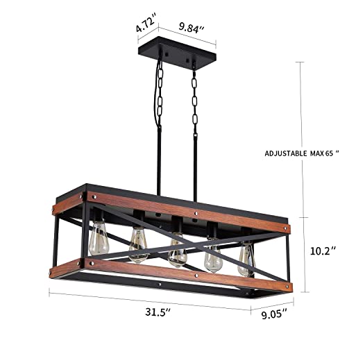Rustic Farmhouse Kitchen Island Lighting, Wood and Metal Linear Chandelier, 5 Lights Industrial Pendant Light Fixture for Kitchen Island Dining Room Living Room Table, Black Fivess Lighting