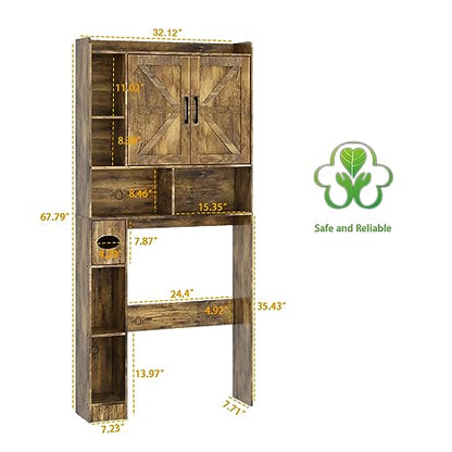 Over The Toilet Storage Cabinet, Farmhouse Storage Cabinet Over Toilet with 2 Barn Door & Toilet Paper Holder Stand，Home Space-Saving Toilet Rack, for Bathroom, Restroom, Laundry