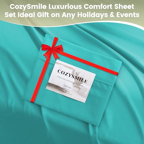 CozySmile Breathable Cooling Full Sheet Set - Hotel Luxury 4 Piece Deep Pocket Sheets for Full Size Bed, Fits 16" Mattress, Easy Care Wrinkle Free Bedding Sheet and Pillowcase Set, Turquoise CozySmile