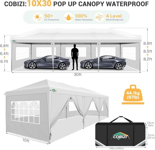 COBIZI 10x30 Pop up Canopy Tent for Parties with 8 Removable Sidewalls, Waterproof UPF 50+ Commercial Event Tent, Protable Outdoor Canopy with 4 Sandbags for Wedding, Backyard(10x30FT, White) COBIZI