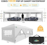 COBIZI 10x30 Pop up Canopy Tent for Parties with 8 Removable Sidewalls, Waterproof UPF 50+ Commercial Event Tent, Protable Outdoor Canopy with 4 Sandbags for Wedding, Backyard(10x30FT, White) COBIZI