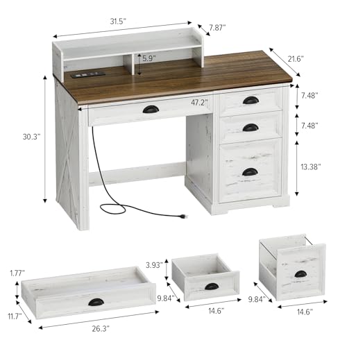 Lareth Computer Desk with Monitor Stand, 47 in Farmhouse Home Office Desk with LED Lights Power Outlets, Executive Desk with Storage for Working Gaming, Study Writing Table for Bedroom, Antique White Lareth