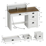 Lareth Computer Desk with Monitor Stand, 47 in Farmhouse Home Office Desk with LED Lights Power Outlets, Executive Desk with Storage for Working Gaming, Study Writing Table for Bedroom, Antique White Lareth