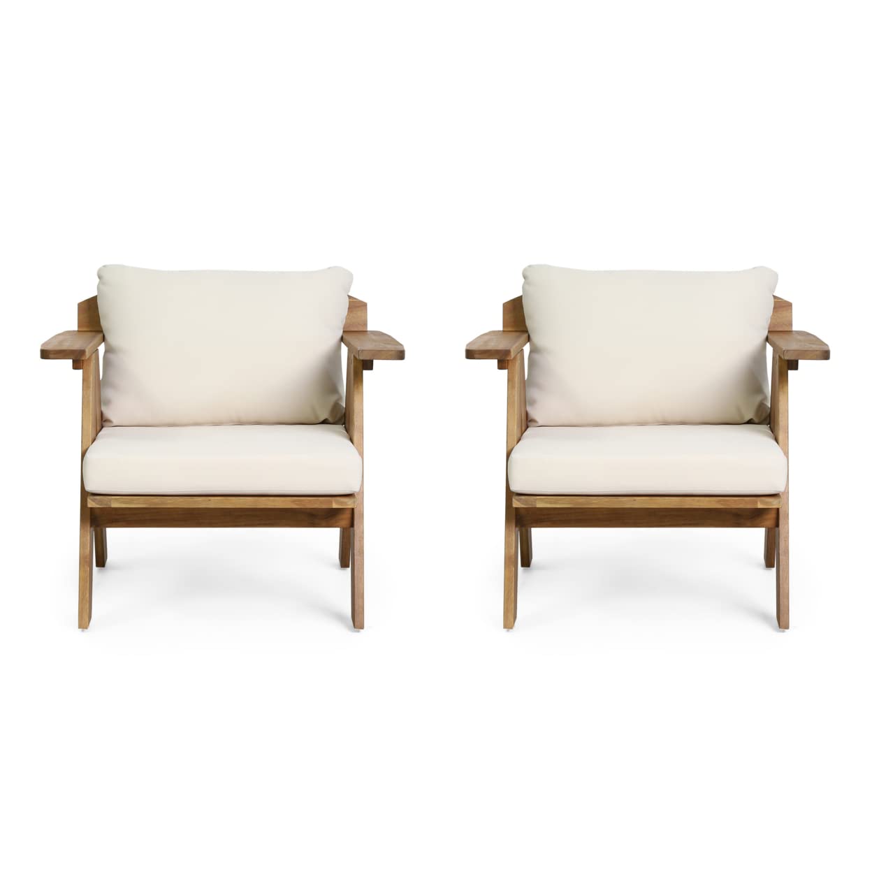 Christopher Knight Home Arcola Outdoor Acacia Wood Club Chairs with Cushions (Set 2), Teak Finish, Beige - WoodArtSupply