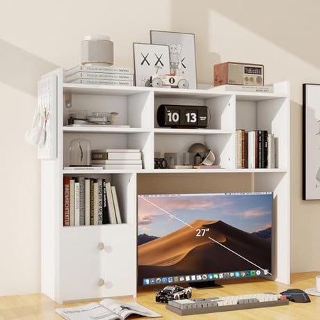 ELECWISH Desktop Bookshelf, Desk Shelf with 2 Drawers for Computer Desk, 36.22" 7-Tier Adjustable Desktop Hutch Organizer with Pegboard for Home Office, White ELECWISH