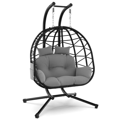 Suteck Double Hanging Egg Chair with Stand, Outdoor Indoor 2 Person Wicker Egg Swing Chair with Cushion, 700lbs Capacity for Patio, Bedroom, Garden - Black Suteck