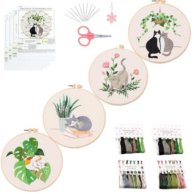 Mozzyyee 4pcs Cat Embroidery Kits for Beginners, DIY Adult Beginner Embroidery Sets with Instructions, 2 Plastic Embroidery Hoops,Scissor, Threads and Needles (Grey Cats)