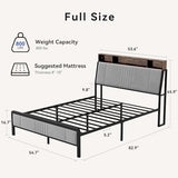 BedsPick Full Size Bed Frame with Ergonomic Headboard, Upholstered Metal Platform Bed Full with 2-Tier Storage, Charging Station, Smart LED Lights, Easy Assembly, No Box Spring Needed, Gray BedsPick
