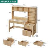 YITAHOME Computer Desk with Hutch and Drawers, 55" Office Desk with Storage Shelves and Printer Stand, Gaming Desk with Power Outlets & LED Lights, Fluted Sturdy Writing Workstation, Natural Oak YITAHOME