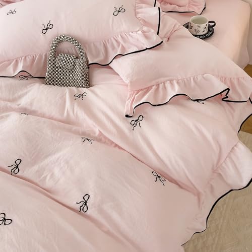 AOJIM Chic Pink Duvet Cover Set 3-Piece with Bow Pattern for Kids Adults, Twin Size Brushed Microfiber Ruffled Bedding Set, 1 Soft Comforter Cover and 2 Pillowcases, for All Seasons AOJIM