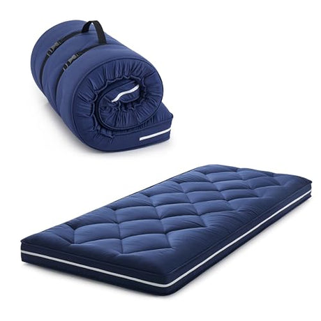 Jamdok 4Inch Floor Mattress,3 Layer Structure Cot Mattress Topper,Gel Memory Foam Futon Mattress,Removable Thickened Cover,Portable Roll Up Sleep Pad (Blue, 72X24) Jamdok