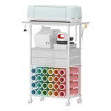 VENNQD Organizer and Storage Stand Compatible with Cricut Machines,Rolling Storage Cart/Shelf with 24 Vinyl Roll Holders，2 Fabric Drawer,Accessories Holder,Tool Hook for Craft Room Home (white) VENNQD