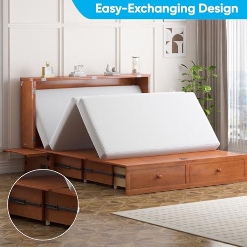 Mjkone Queen Murphy Bed, Modern Foldable Cube Cabinet with Tri-Folding Mattress, 2 Storage Drawers, Murphy Cabinet Beds with Built-in USB Charging Station for Living Room Guest Room Bedroom, Cherry Mjkone