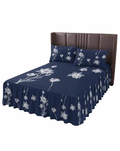 Ruffle Skirt Bedspread for Twin XL Size Bed Abstract Flower Navy Blue 2 Piece Bedding Cover with Pillow Sham,18In Drop Bedskirt Coverlet Bedroom Dorm Decor Minimalist Style Chucoco