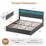 MALOL Bed Frame, King Bed Frame with Headboard & Storage Shelf, Metal Platform Bed Frame with 4 Storage Drawers, Built-in Charging Station, Led Light, Wood Bed Frame, No Box Spring Needed, Grey MALOL