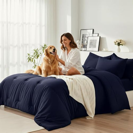 Easthome Queen Comforter Set 7 Piece - Soft Bed in a Bag Queen Size Comforter Sets, Cozy Bedding Sets with Down Alternative Comforter, Flat Sheet, Fitted Sheet, 2 Pillowcases & 2 Shams, Navy Blue Easthome