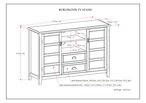 SIMPLIHOME Burlington SOLID WOOD Universal TV Media Stand, 54 inch Wide, Traditional, Living Room Entertainment Center with Storage, for Flat Screen TVs up to 60 inches in Mahogany Brown