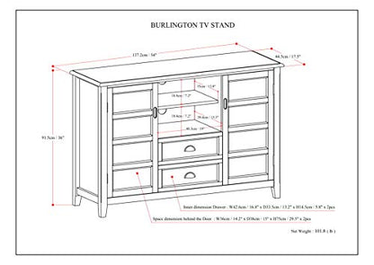 SIMPLIHOME Burlington SOLID WOOD Universal TV Media Stand, 54 inch Wide, Traditional, Living Room Entertainment Center with Storage, for Flat Screen TVs up to 60 inches in Mahogany Brown