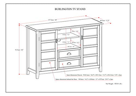 SIMPLIHOME Burlington SOLID WOOD Universal TV Media Stand, 54 inch Wide, Traditional, Living Room Entertainment Center with Storage, for Flat Screen TVs up to 60 inches in Mahogany Brown SIMPLIHOME