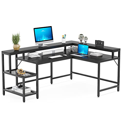 Tribesigns 69 Inch L Shaped Desk with Monitor Stand, Large Reversible Corner Desk with Storage Shelf, Industrial Computer Table Writing Desk for Home Office, Black Tribesigns