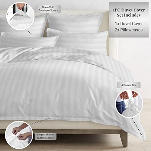 Pizuna Cotton King Duvet Cover Set, 300 Thread Count Long Staple Cotton Sateen Weave with Button Closure (Combed Stripe Luxury White Cotton Duvet Cover King) Pizuna