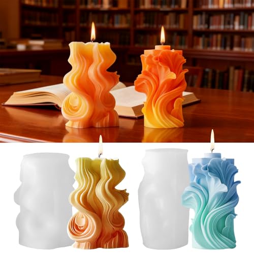 2 PCS 3D Wave Cylinder Candle Silicone Molds Geometric Relief Cylindrical Candle Silicone Mold for Candles Making Aromatherapy Candles Gypsum Clay Home Decorate