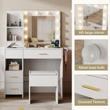Furnivado Vanity Desk with Mirror and Lights, 3 Adjustable Lighting Makeup Vanity Desk with 3 Storage Shelves, 5 Large Drawers and Power Outlet, Vanity with Chair for Bedroom, White Furnivado