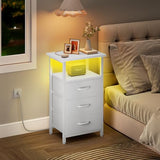Vagusicc Night stand Set 2 with Charging Station, LED Nightstand for Bedroom, White Bedside Table with 3 Fabric Drawer, End Table Side Table with USB Ports & Outlets, Bed Side Table for Bedroom, White Vagusicc