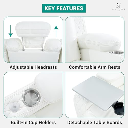 Naomi Home Chicago Power Recliner Chair with LED Lights, USB Charging Port, Adjustable Headrest, Cup Holders & Detachable Tray Tables, Faux Leather Home Theater Seating Recliner - White