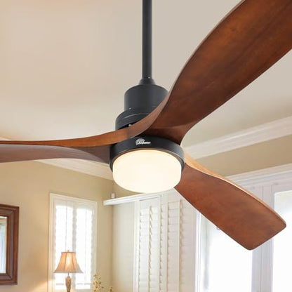 Sofucor 52 Inch Ceiling Fan with Lights Remote Control, Noiseless |Dimmable |6-Speed Outdoor Ceiling Fan with Light, Walnut 3 Blade Wood Ceiling Fan with Timer, Reversible DC Motor for Patio Bedroom