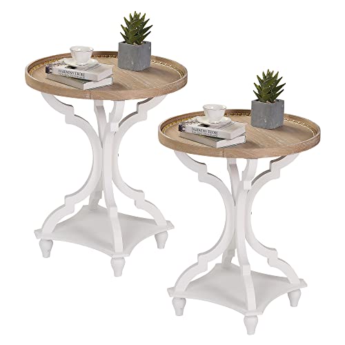 Wnutrees Farmhouse Round Accent End Table, Rustic Side Table Nightstands for Living Room Bedroom, Wood Tray Top, Handcrafted Finish, Set of 2, White - WoodArtSupply