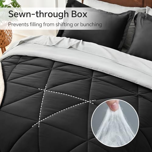 BEDELITE King Size Comforter Set 7 Pieces Bed in A Bag - Soft Microfiber Reversible Black Bed Set with Comforters, Sheets, Pillowcases & Shams, Cozy Luxury Bedding Sets for All Season BEDELITE